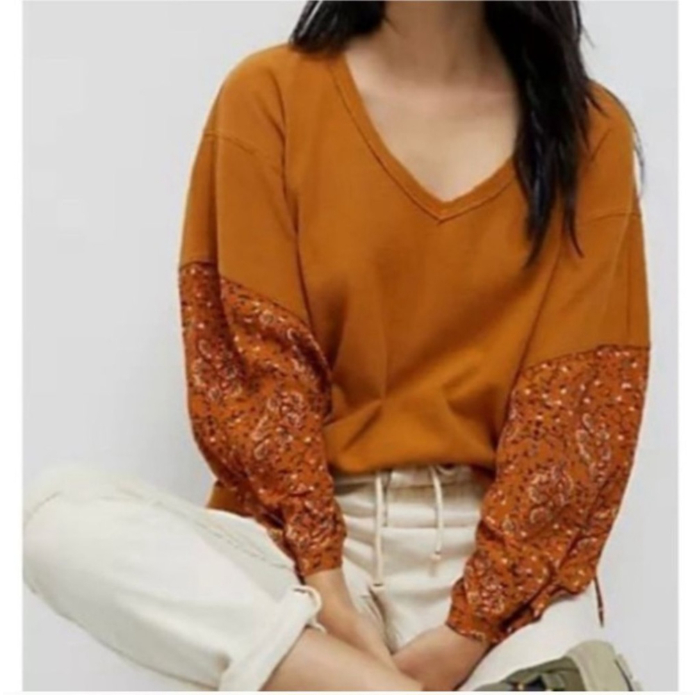 ANTHROPOLOGIE Annette Balloon Sleeve Mixed Media Thermal Floral Oversized Top‎ L
